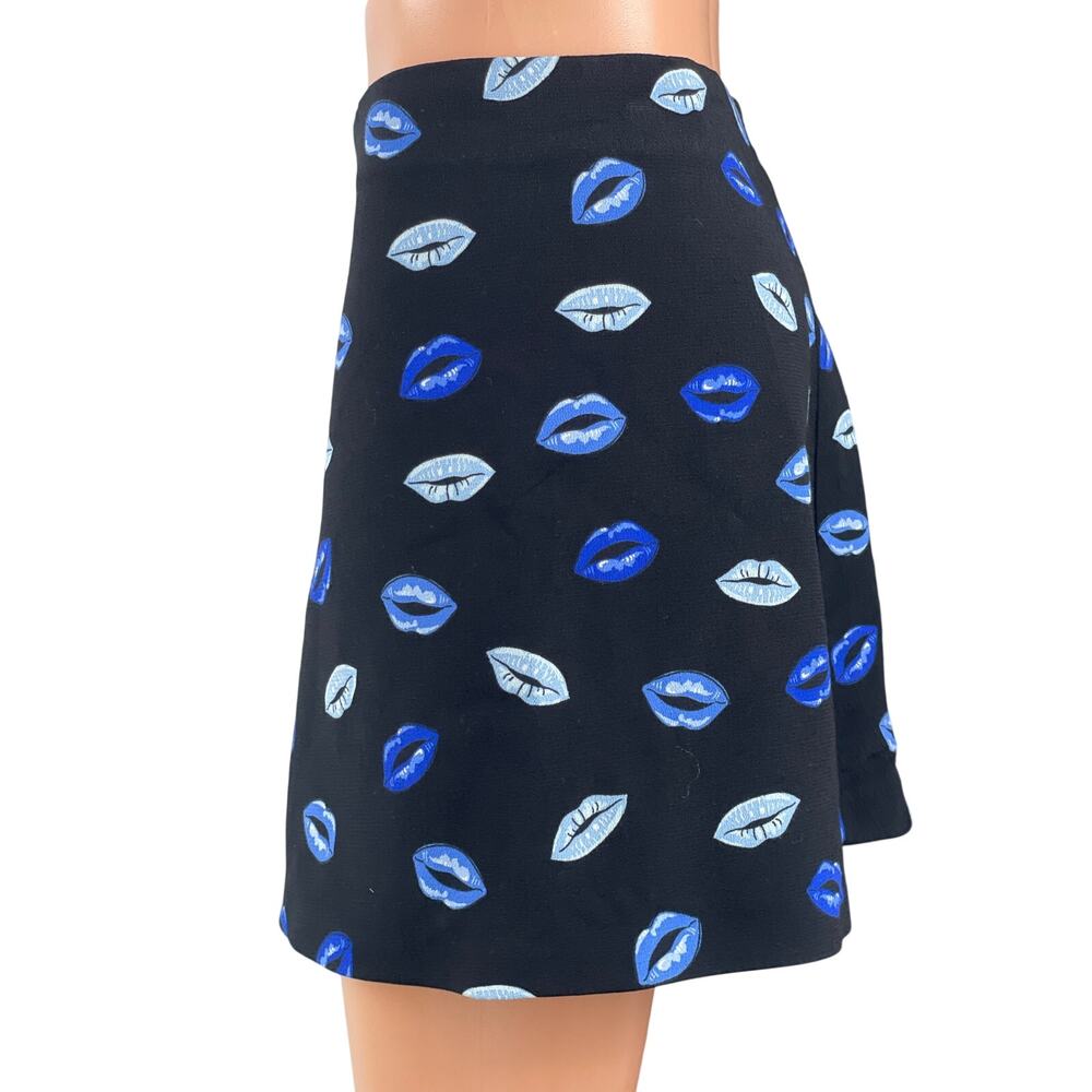 Zara Women's Black Blue Lips Graphic Print High Waist A Line Mini Skirt Size S - Picture 2 of 4